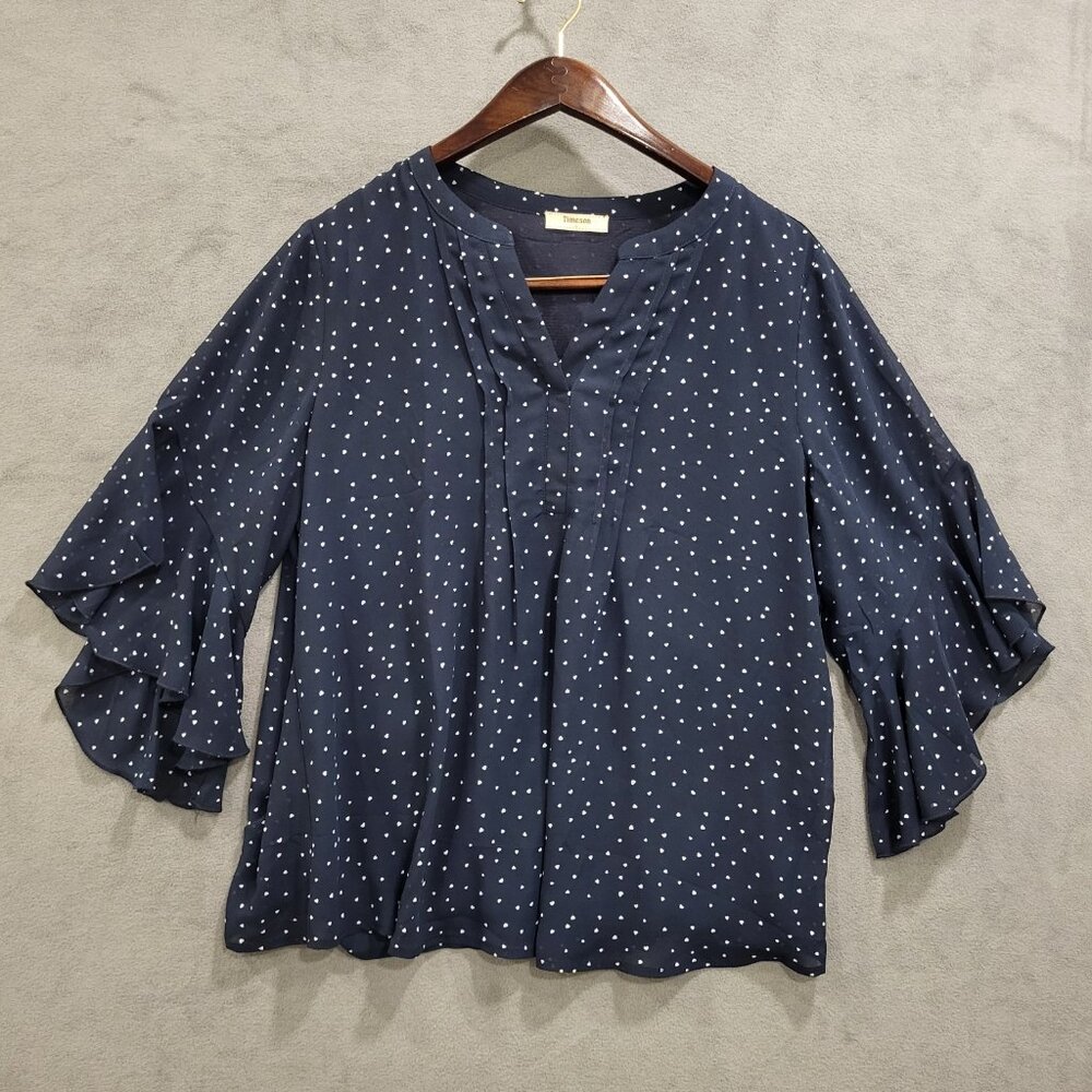 Timeson Sheer‎ Blouse Womens Size L Heart Polka Dots 3/4 Sleeve  Artsy Flowy